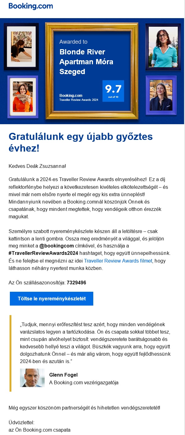 A Booking.com értesítő levele a díjról.