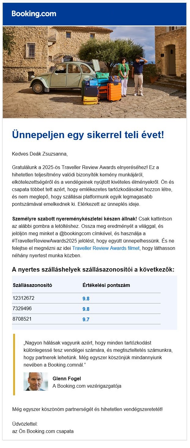 A Booking.com értesítő levele a díjról.
