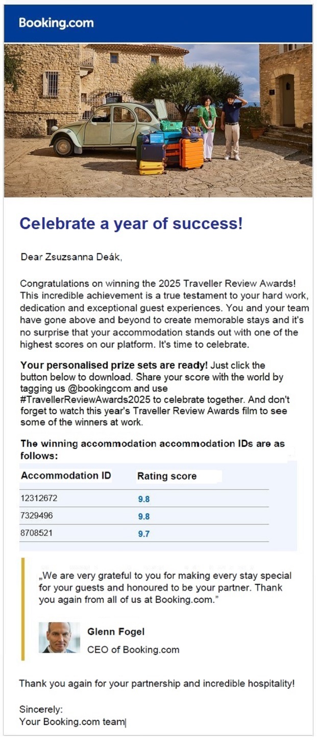 Notification letter from Booking.com about the fee.